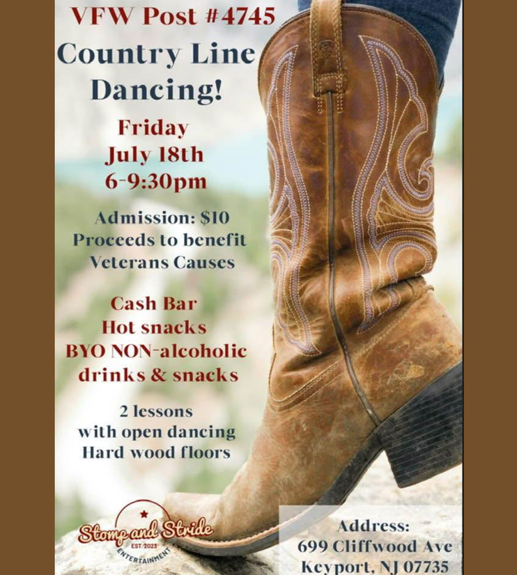 Country Line Dancing VFW Post 4745 Line Dancing July 18, 2026 6pm to 9:30pm